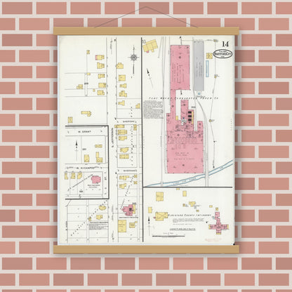 Old map wall art mockup — magnetic wood frame on brick wall — Sanborn Fire Insurance Map from Hartford City, Blackford County, Indiana (1920), Sheet #0014