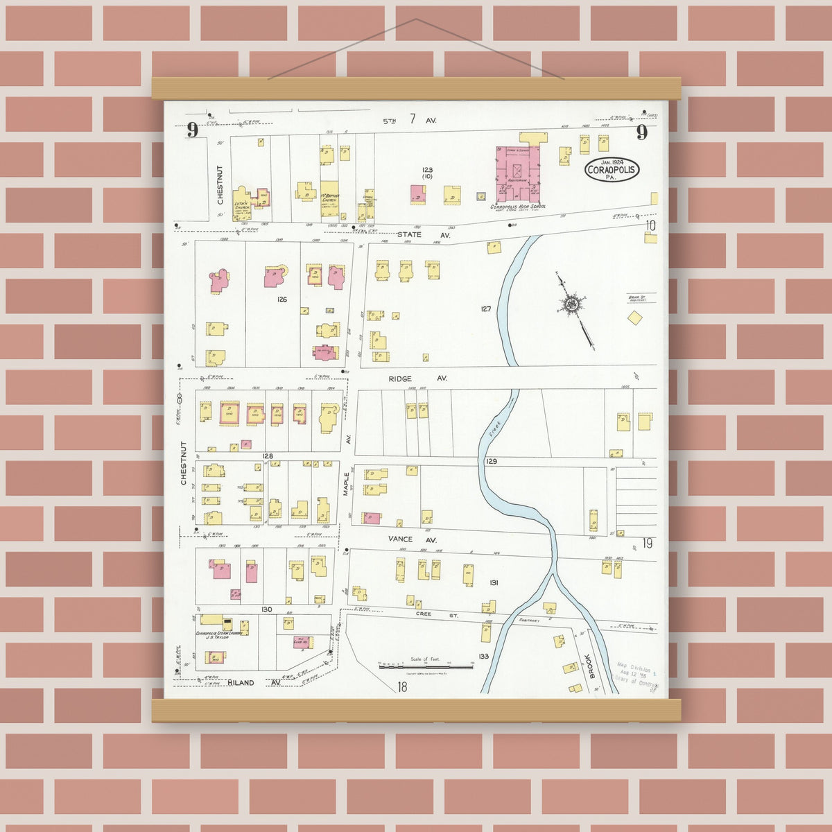 Old map wall art mockup — magnetic wood frame on brick wall — Sanborn Fire Insurance Map from Coraopolis, Allegheny County, Pennsylvania (1924), Sheet #0009