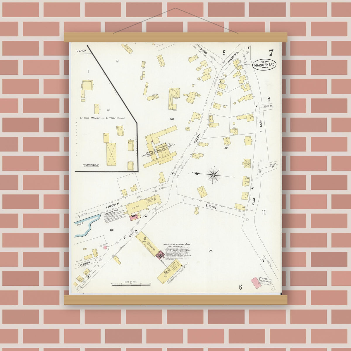 Old map wall art mockup — magnetic wood frame on brick wall — Sanborn Fire Insurance Map from Marblehead, Essex County, Massachusetts (1908), Sheet #0007