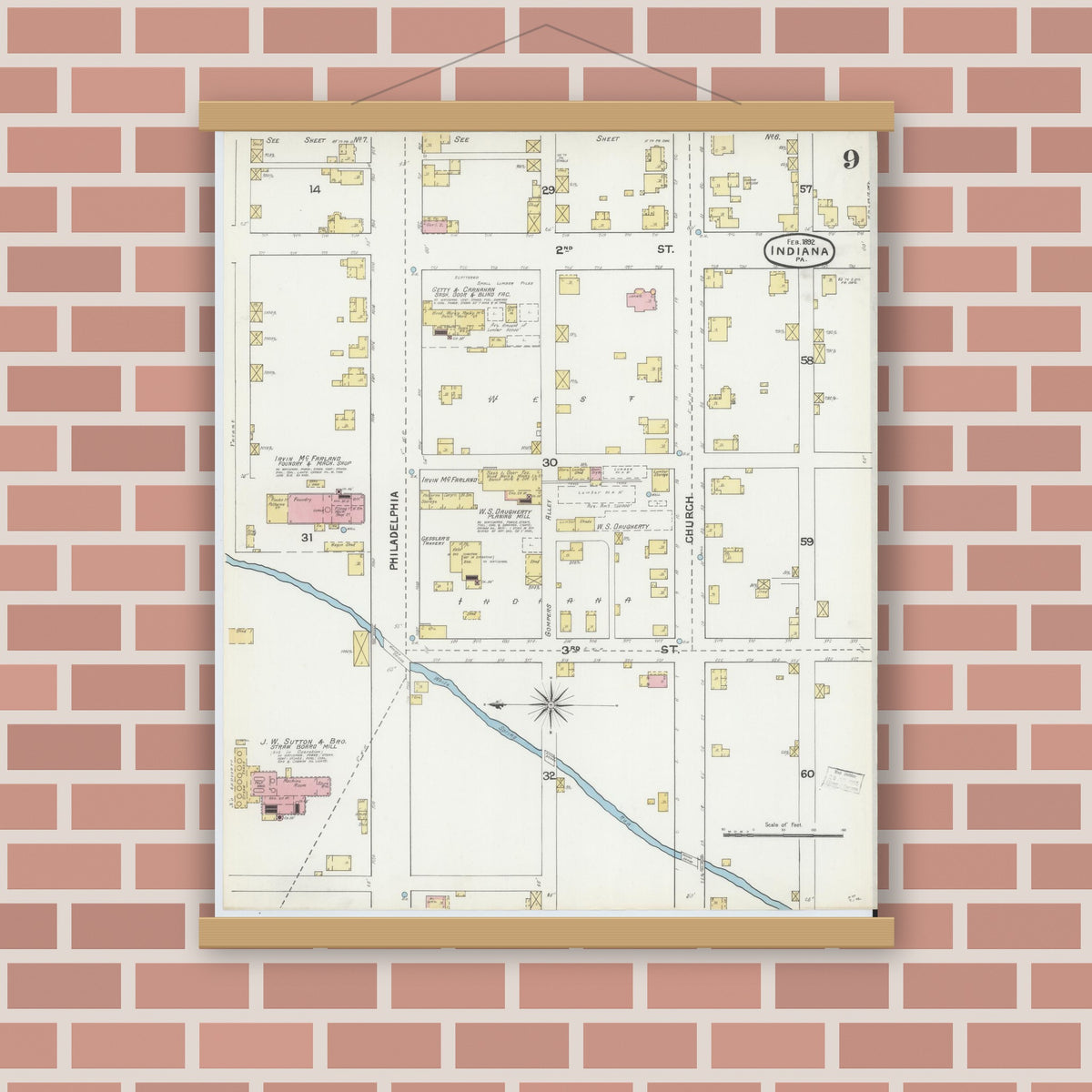 Old map wall art mockup — magnetic wood frame on brick wall — Sanborn Fire Insurance Map from Indiana, Indiana County, Pennsylvania (1892), Sheet #0009