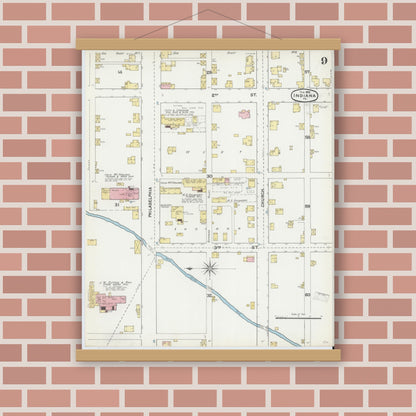 Old map wall art mockup — magnetic wood frame on brick wall — Sanborn Fire Insurance Map from Indiana, Indiana County, Pennsylvania (1892), Sheet #0009