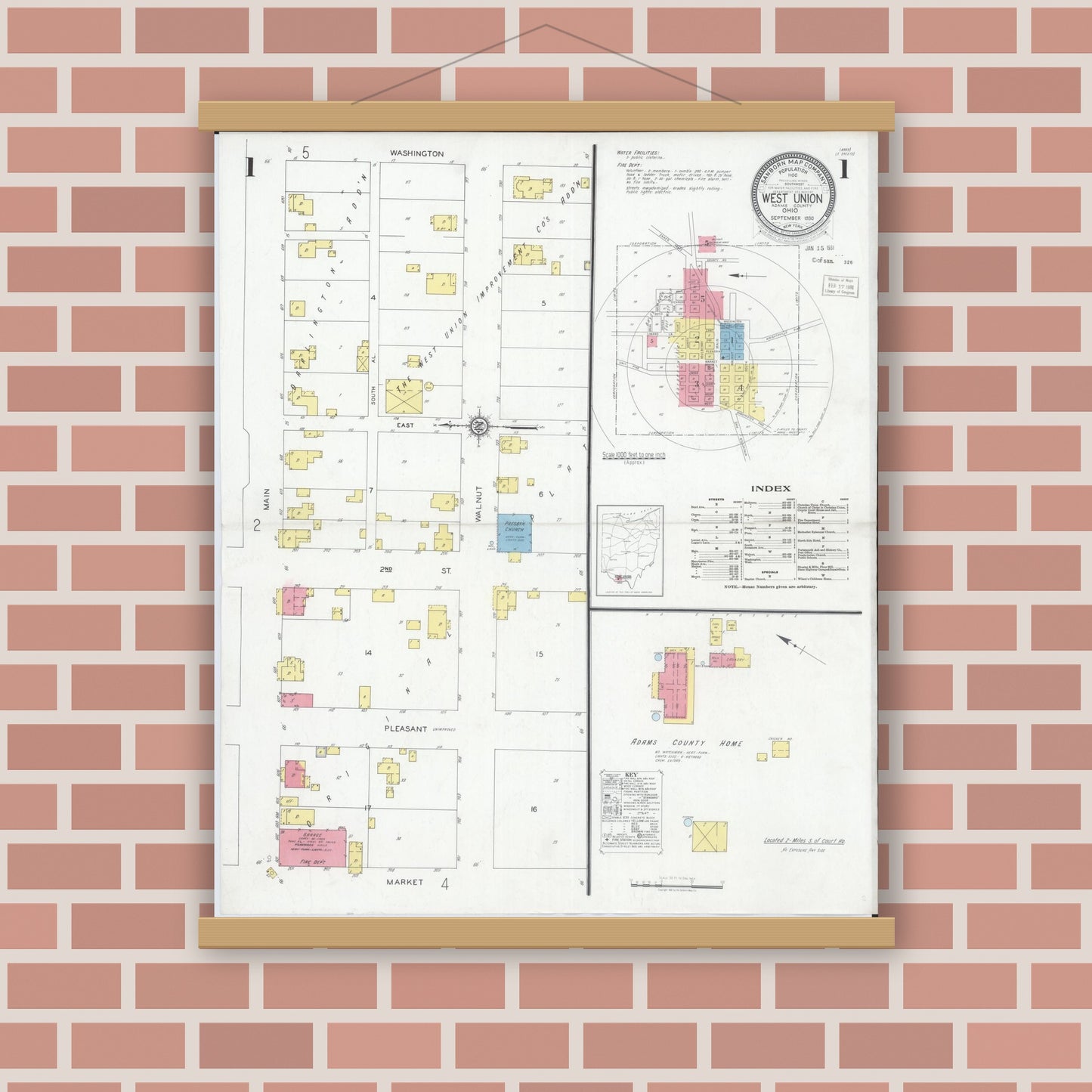 Old map wall art mockup — magnetic wood frame on brick wall — Sanborn Fire Insurance Map from West Union, Adams County, Ohio (1930), Sheet #0001