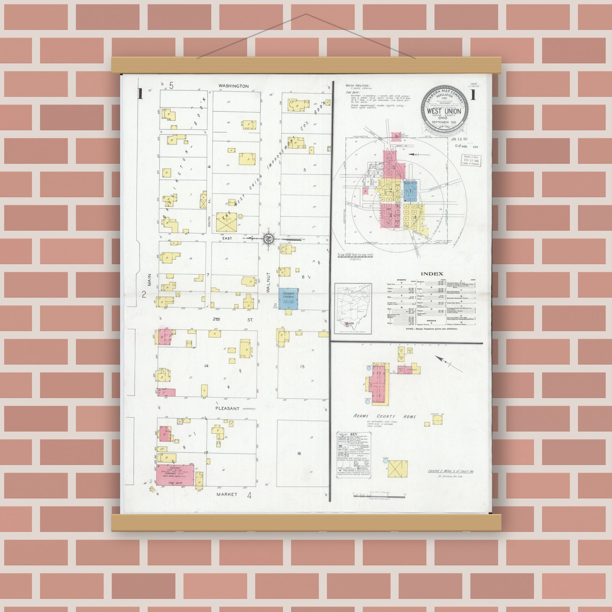 Old map wall art mockup — magnetic wood frame on brick wall — Sanborn Fire Insurance Map from West Union, Adams County, Ohio (1930), Sheet #0001