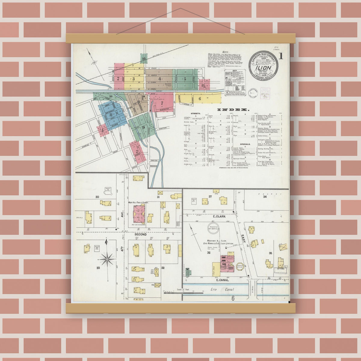 Old map wall art mockup — magnetic wood frame on brick wall — Sanborn Fire Insurance Map from Ilion, Herkimer County, New York (1902) - Complete Map Set