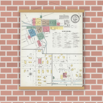 Old map wall art mockup — magnetic wood frame on brick wall — Sanborn Fire Insurance Map from Ilion, Herkimer County, New York (1902) - Complete Map Set