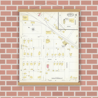 Old map wall art mockup — magnetic wood frame on brick wall — Sanborn Fire Insurance Map from Wichita Falls, Wichita County, Texas (1908), Sheet #0004