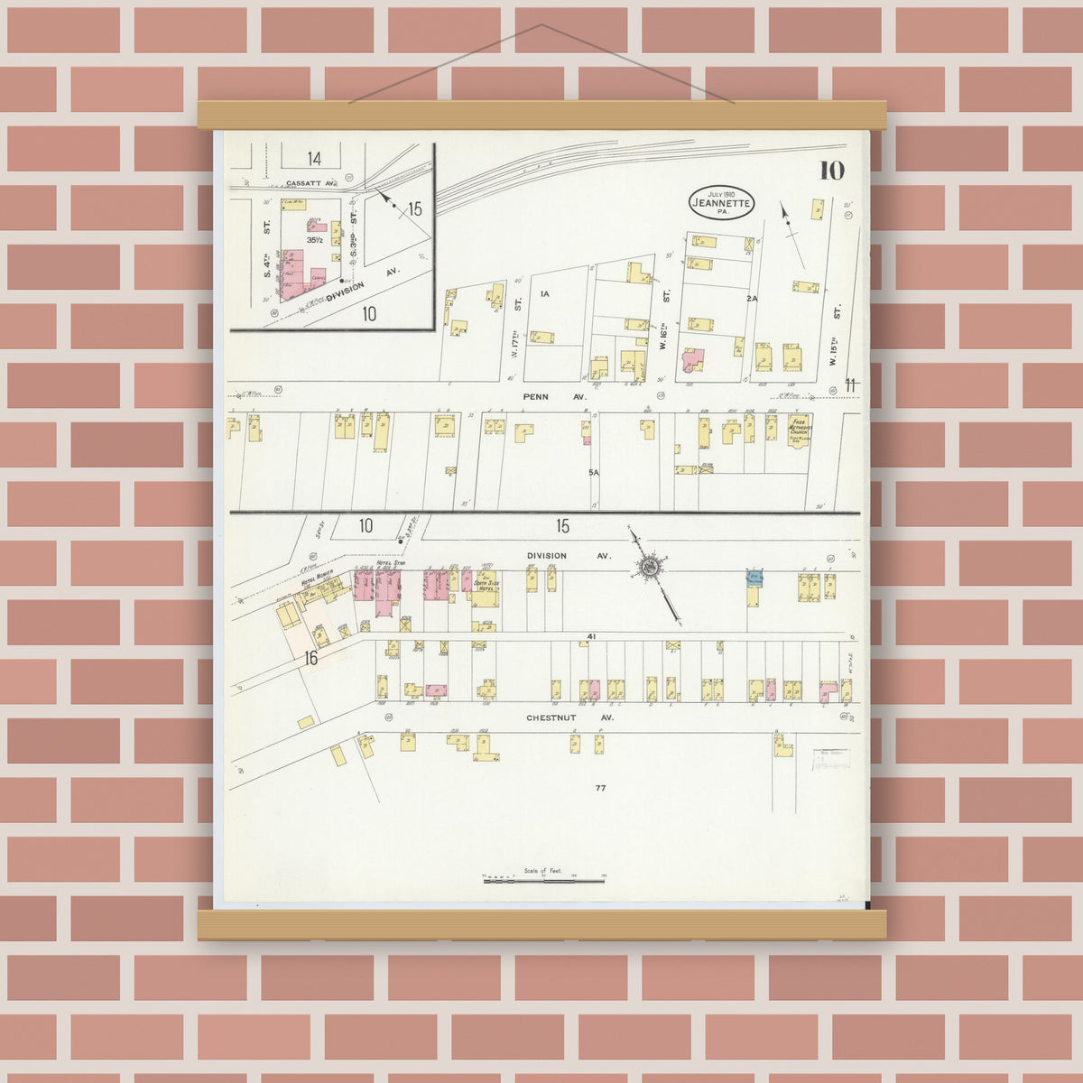 Old map wall art mockup — magnetic wood frame on brick wall — Sanborn Fire Insurance Map from Jeannette, Westmoreland County, Pennsylvania (1910), Sheet #0010
