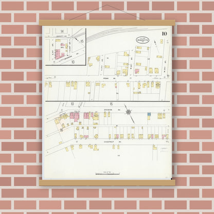 Old map wall art mockup — magnetic wood frame on brick wall — Sanborn Fire Insurance Map from Jeannette, Westmoreland County, Pennsylvania (1910), Sheet #0010