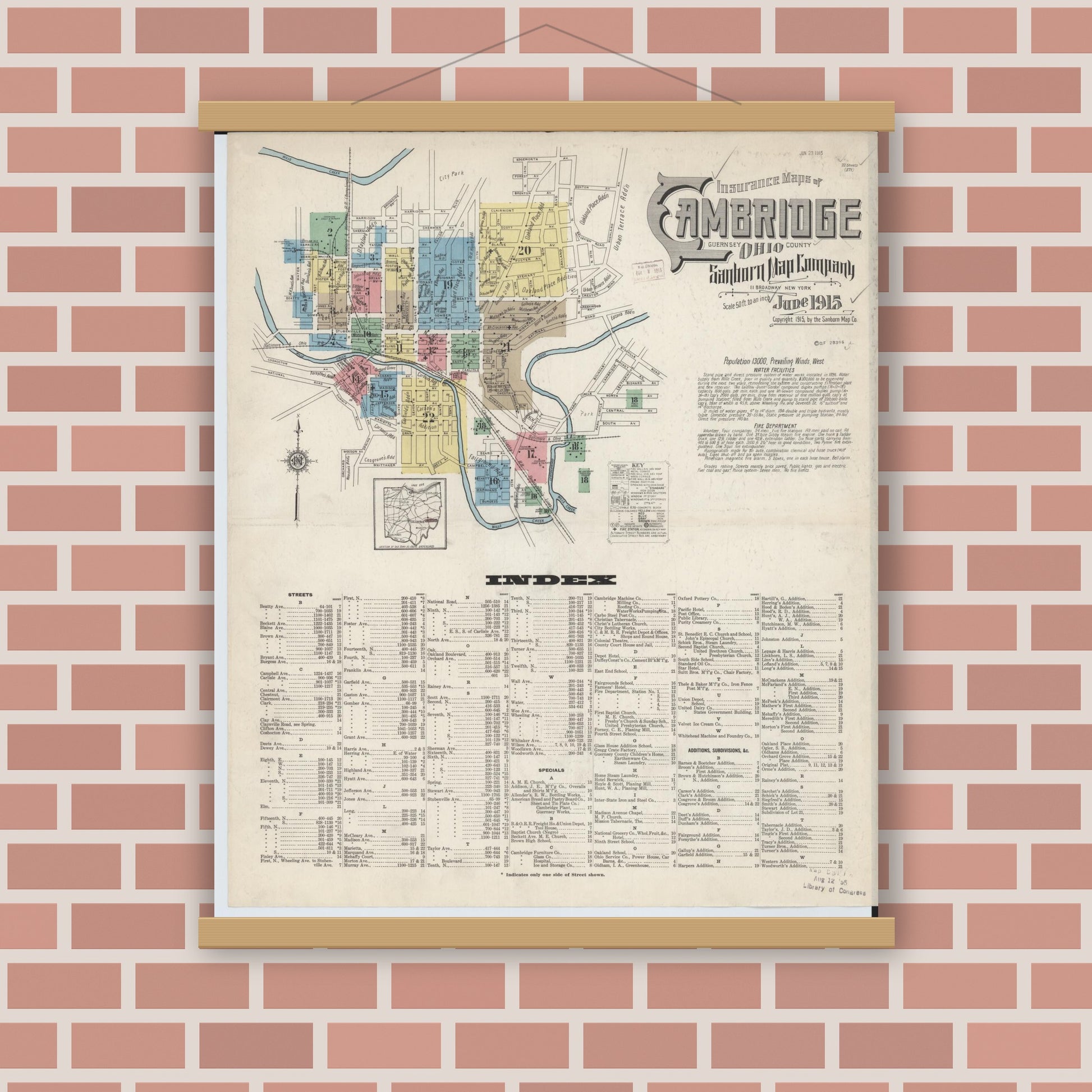 Old map wall art mockup — magnetic wood frame on brick wall — Sanborn Fire Insurance Map from Cambridge, Guernsey County, Ohio (1915), Sheet #0001