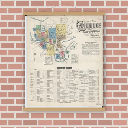Old map wall art mockup — magnetic wood frame on brick wall — Sanborn Fire Insurance Map from Cambridge, Guernsey County, Ohio (1915), Sheet #0001