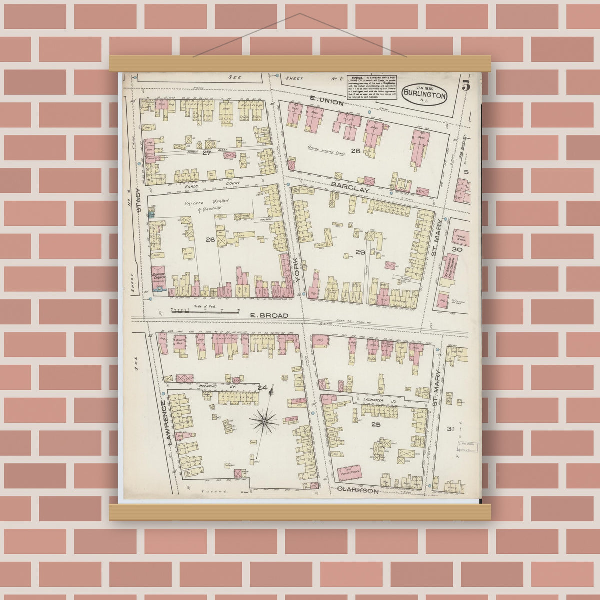 Old map wall art mockup — magnetic wood frame on brick wall — Sanborn Fire Insurance Map from Burlington, Burlington County, New Jersey (1885), Sheet #0005