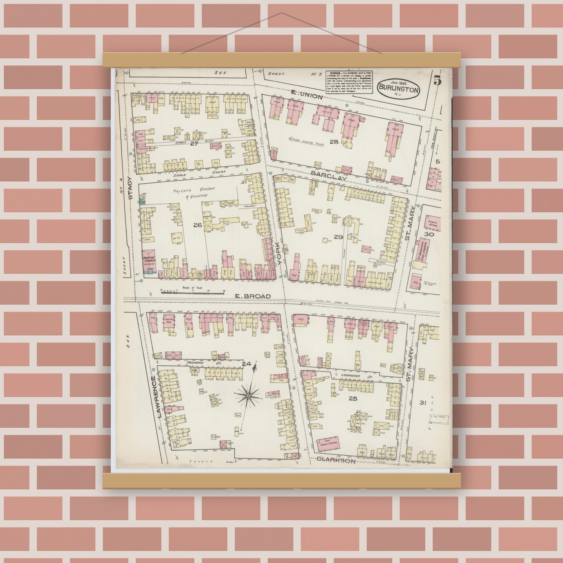 Old map wall art mockup — magnetic wood frame on brick wall — Sanborn Fire Insurance Map from Burlington, Burlington County, New Jersey (1885), Sheet #0005