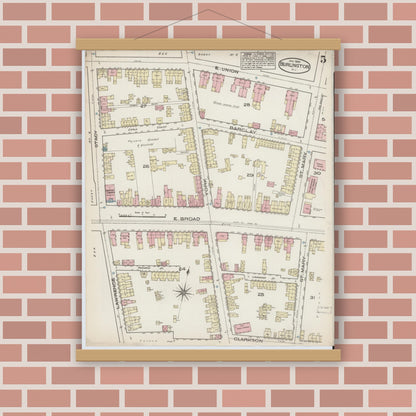 Old map wall art mockup — magnetic wood frame on brick wall — Sanborn Fire Insurance Map from Burlington, Burlington County, New Jersey (1885), Sheet #0005
