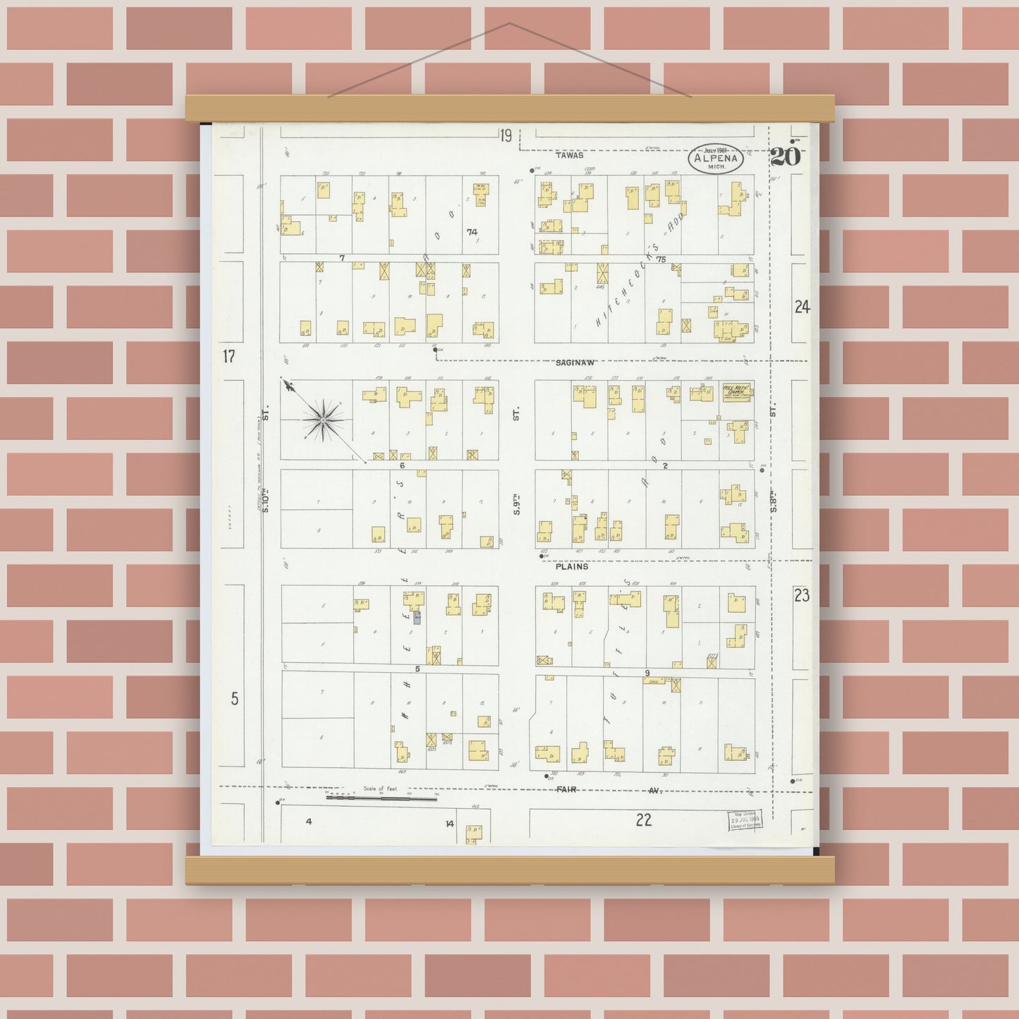 Old map wall art mockup — magnetic wood frame on brick wall — Sanborn Fire Insurance Map from Alpena, Alpena County, Michigan (1901), Sheet #0020
