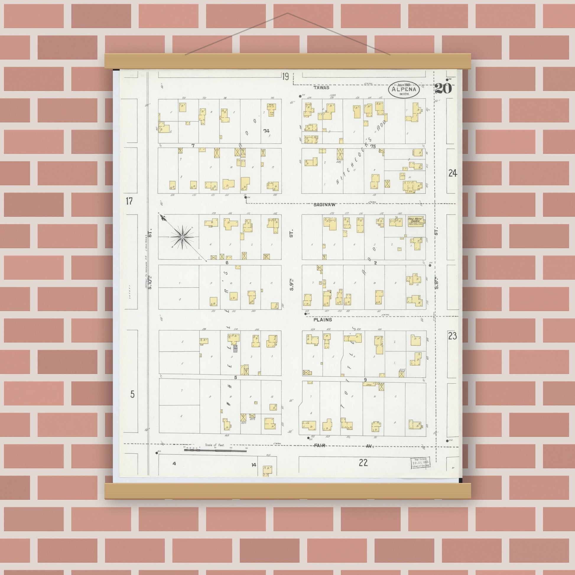 Old map wall art mockup — magnetic wood frame on brick wall — Sanborn Fire Insurance Map from Alpena, Alpena County, Michigan (1901), Sheet #0020