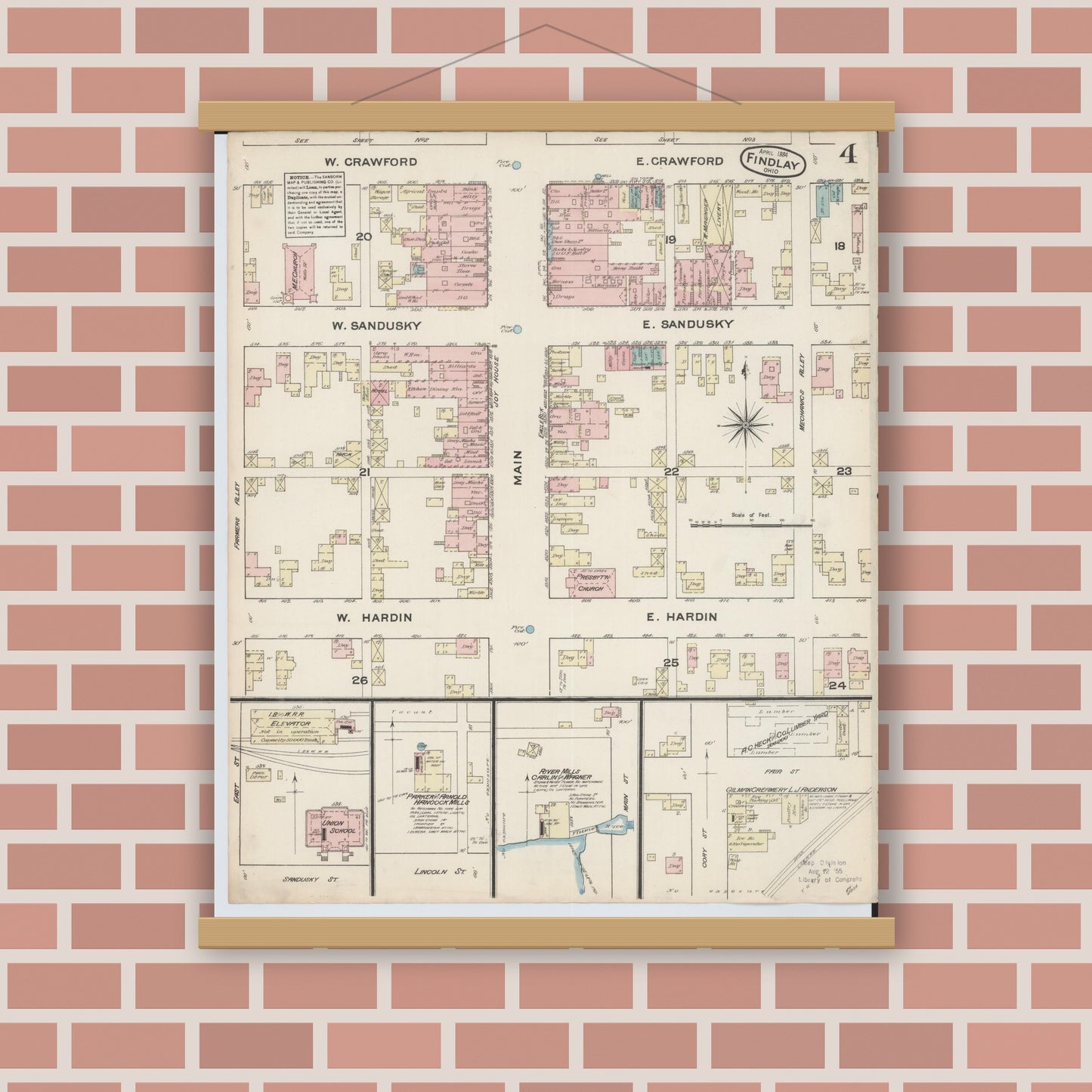 Old map wall art mockup — magnetic wood frame on brick wall — Sanborn Fire Insurance Map from Findlay, Hancock County, Ohio (1884), Sheet #0004