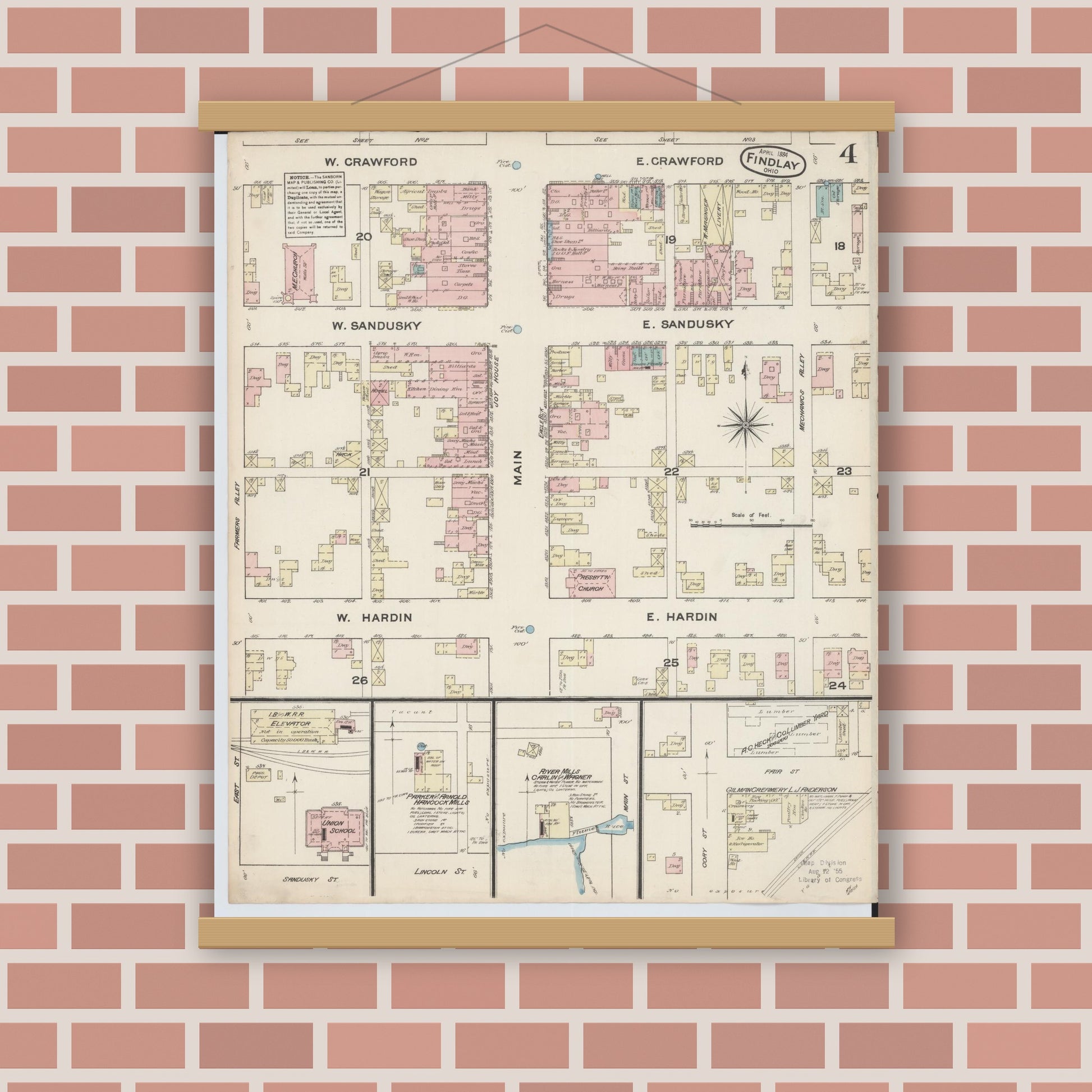 Old map wall art mockup — magnetic wood frame on brick wall — Sanborn Fire Insurance Map from Findlay, Hancock County, Ohio (1884), Sheet #0004