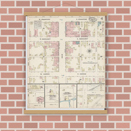 Old map wall art mockup — magnetic wood frame on brick wall — Sanborn Fire Insurance Map from Findlay, Hancock County, Ohio (1884), Sheet #0004