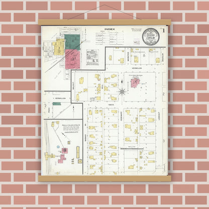Old map wall art mockup — magnetic wood frame on brick wall — Sanborn Fire Insurance Map from Catlin, Vermilion County, Illinois (1909) - Complete Map Set