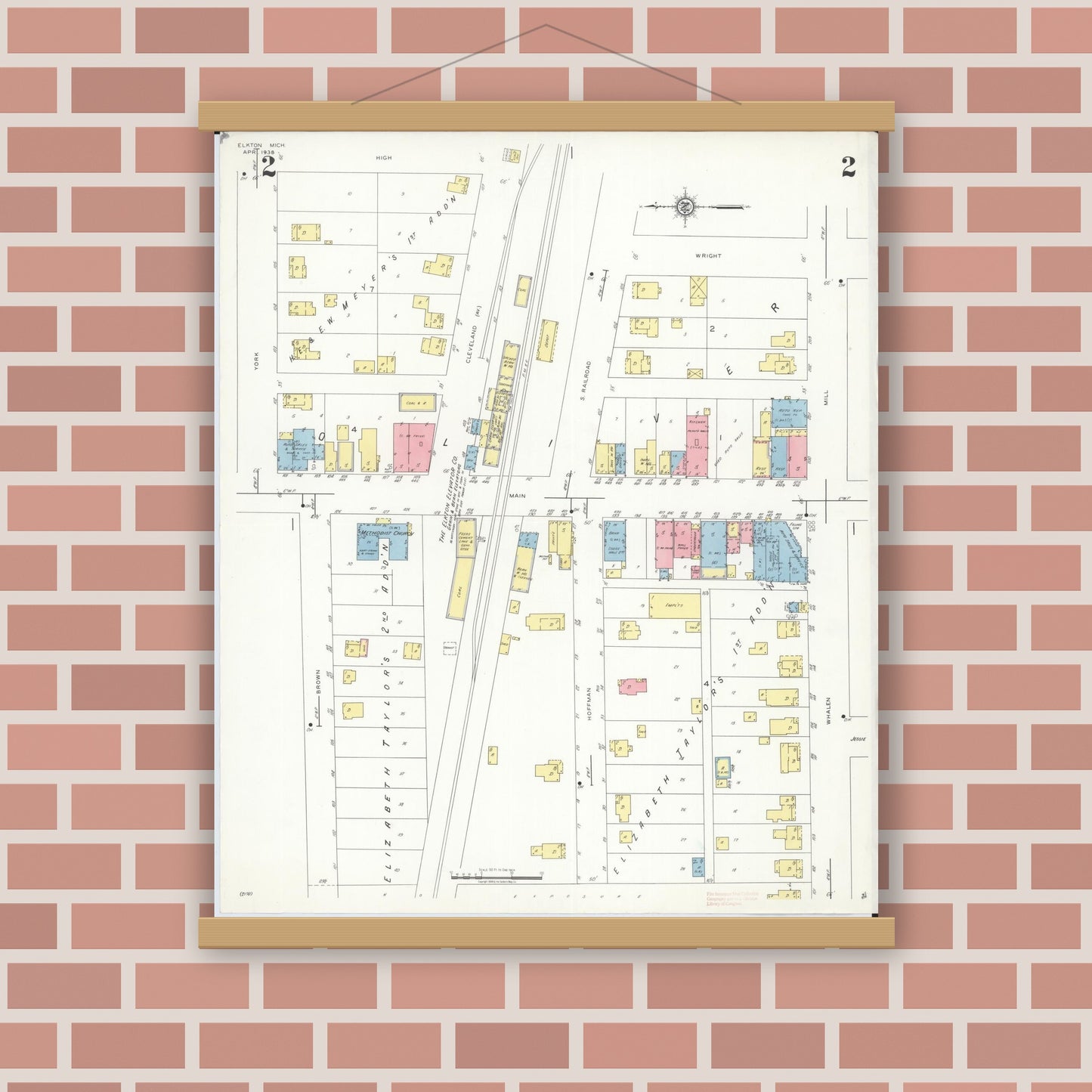 Old map wall art mockup — magnetic wood frame on brick wall — Sanborn Fire Insurance Map from Elkton, Huron County, Michigan (1938), Sheet #0002