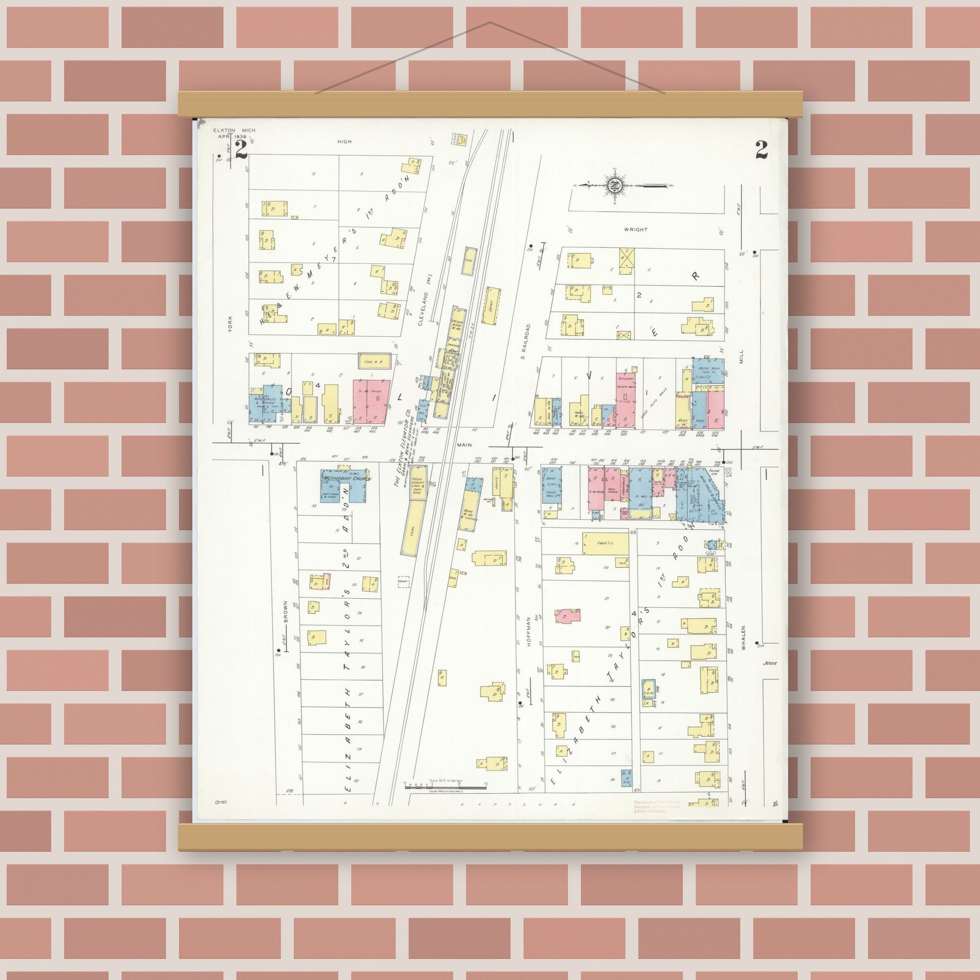 Old map wall art mockup — magnetic wood frame on brick wall — Sanborn Fire Insurance Map from Elkton, Huron County, Michigan (1938), Sheet #0002