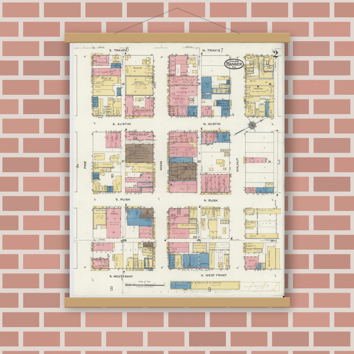 Old map wall art mockup — magnetic wood frame on brick wall — Sanborn Fire Insurance Map from Ranger, Eastland County, Texas (1920) - Complete Map Set