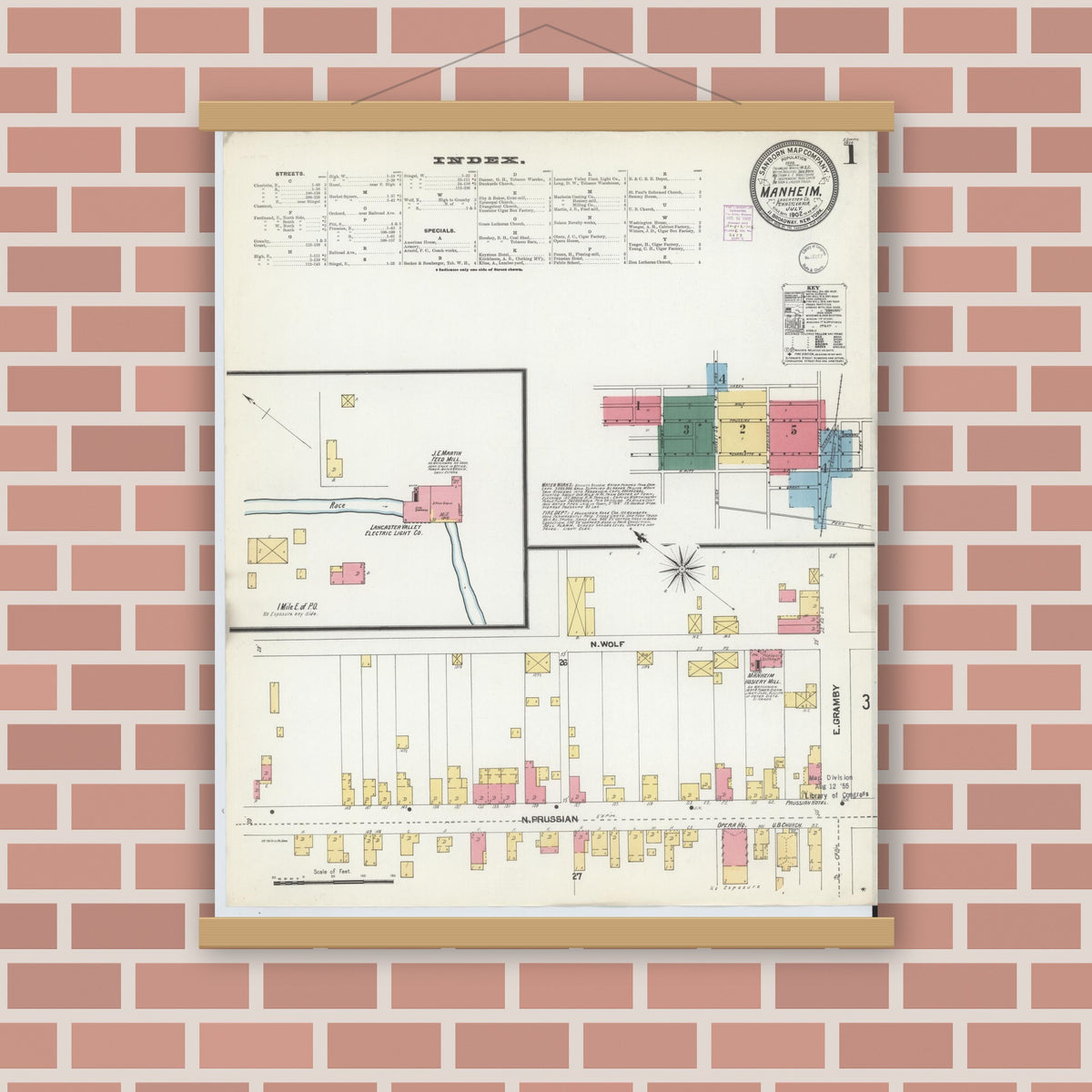 Old map wall art mockup — magnetic wood frame on brick wall — Sanborn Fire Insurance Map from Manheim, Lancaster County, Pennsylvania (1902), Sheet #0001