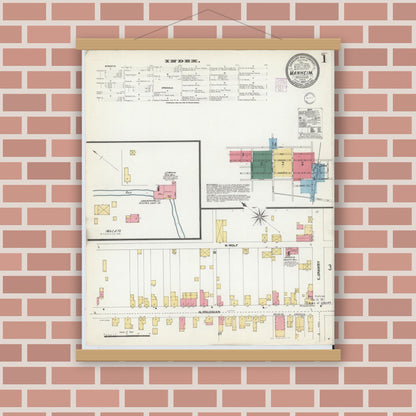 Old map wall art mockup — magnetic wood frame on brick wall — Sanborn Fire Insurance Map from Manheim, Lancaster County, Pennsylvania (1902), Sheet #0001
