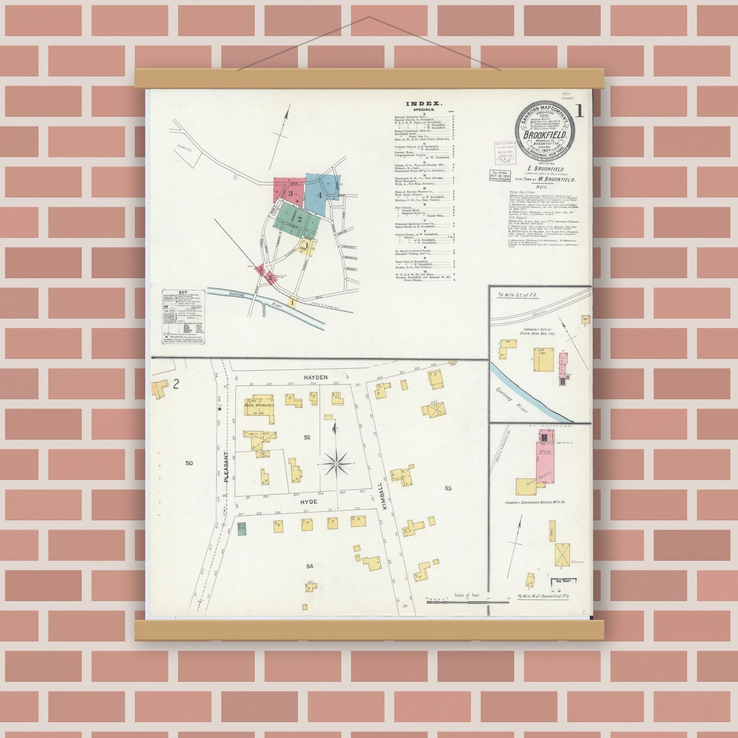 Old map wall art mockup — magnetic wood frame on brick wall — Sanborn Fire Insurance Map from Brookfield, Worcester County, Massachusetts (1904) - Complete Map Set