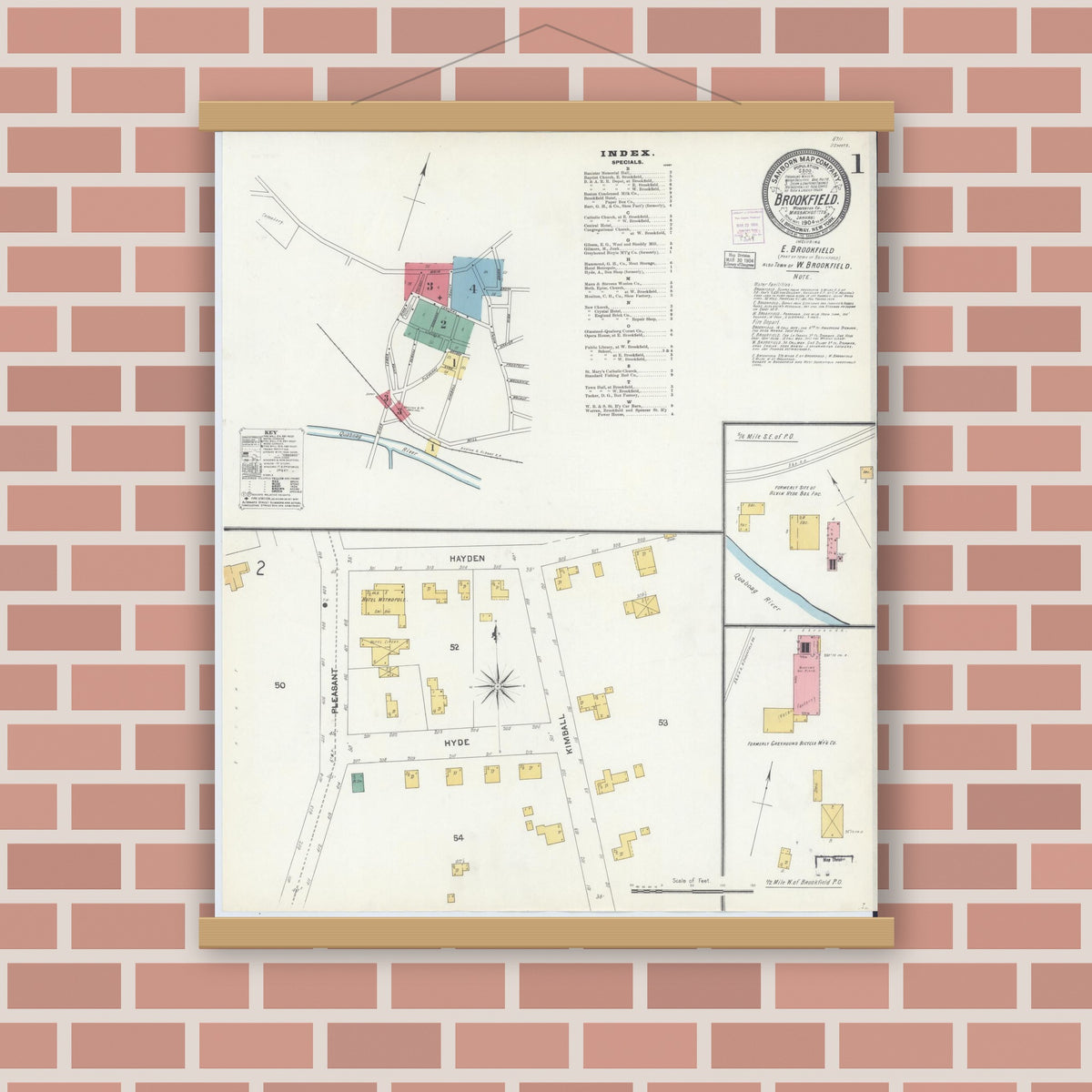 Old map wall art mockup — magnetic wood frame on brick wall — Sanborn Fire Insurance Map from Brookfield, Worcester County, Massachusetts (1904) - Complete Map Set