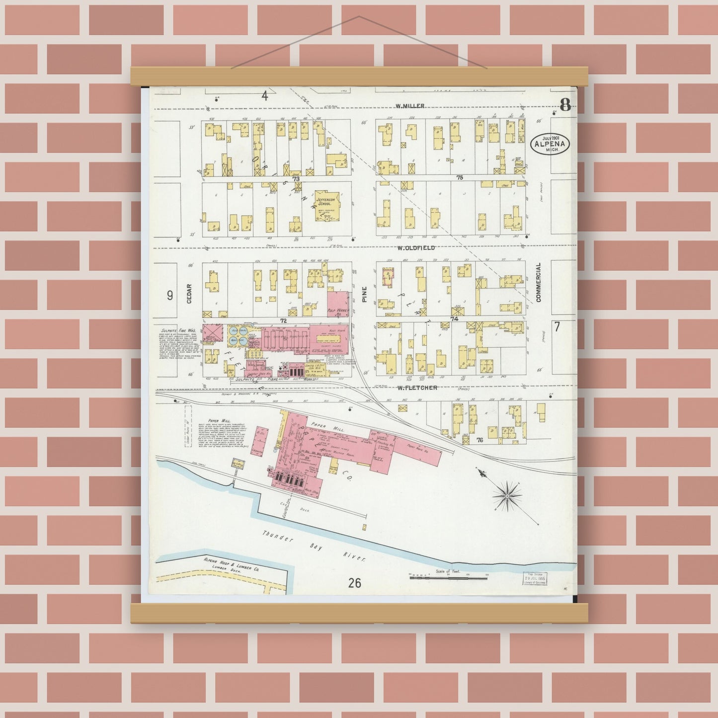 Old map wall art mockup — magnetic wood frame on brick wall — Sanborn Fire Insurance Map from Alpena, Alpena County, Michigan (1901), Sheet #0008