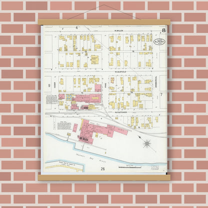 Old map wall art mockup — magnetic wood frame on brick wall — Sanborn Fire Insurance Map from Alpena, Alpena County, Michigan (1901), Sheet #0008