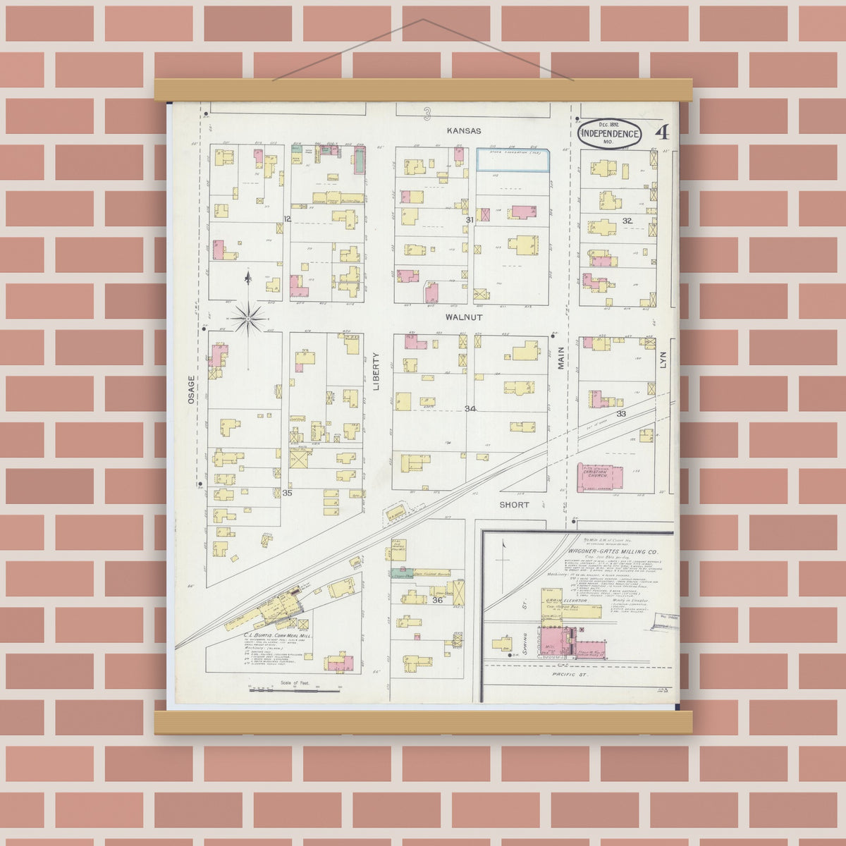 Old map wall art mockup — magnetic wood frame on brick wall — Sanborn Fire Insurance Map from Independence, Jackson County, Missouri (1892), Sheet #0004