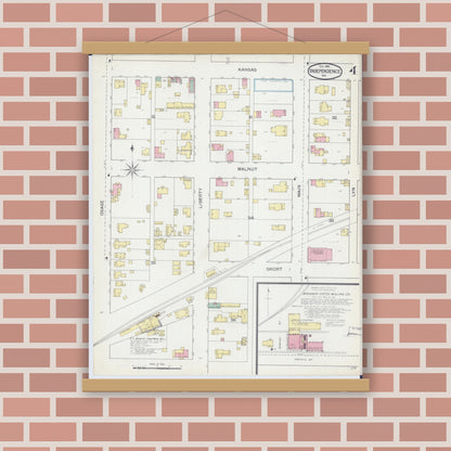 Old map wall art mockup — magnetic wood frame on brick wall — Sanborn Fire Insurance Map from Independence, Jackson County, Missouri (1892), Sheet #0004