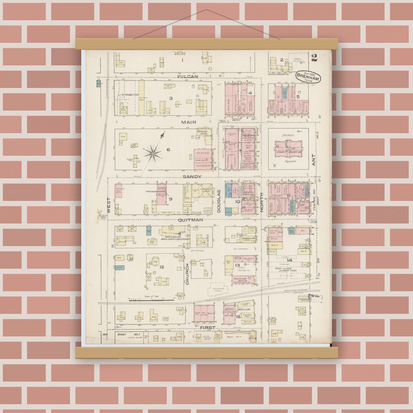 Old map wall art mockup — magnetic wood frame on brick wall — Sanborn Fire Insurance Map from Brenham, Washington County, Texas (1885), Sheet #0002