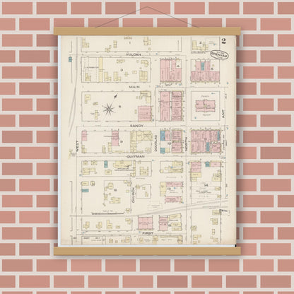 Old map wall art mockup — magnetic wood frame on brick wall — Sanborn Fire Insurance Map from Brenham, Washington County, Texas (1885), Sheet #0002