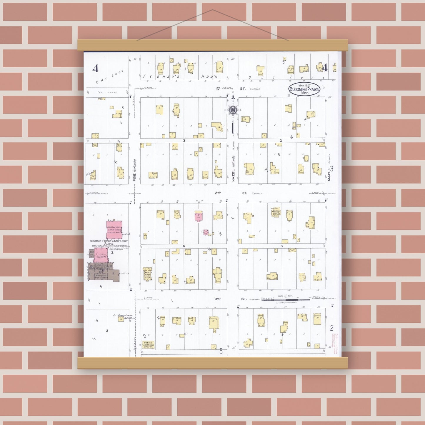 Old map wall art mockup — magnetic wood frame on brick wall — Sanborn Fire Insurance Map from Blooming Prairie, Steele County, Minnesota (1927), Sheet #0004