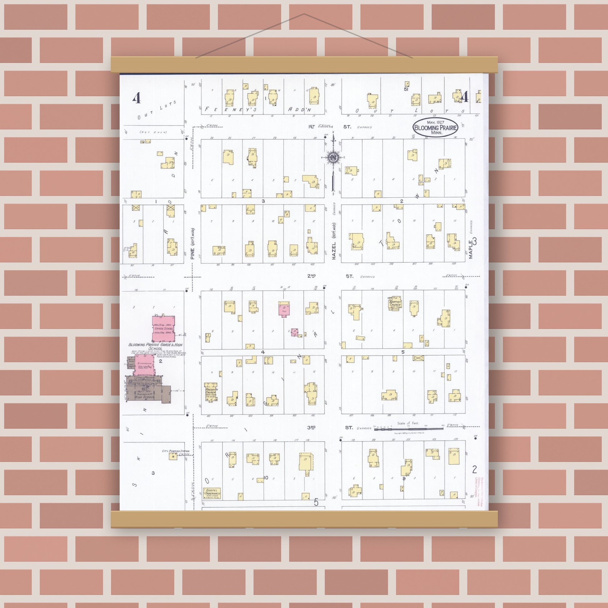 Old map wall art mockup — magnetic wood frame on brick wall — Sanborn Fire Insurance Map from Blooming Prairie, Steele County, Minnesota (1927), Sheet #0004