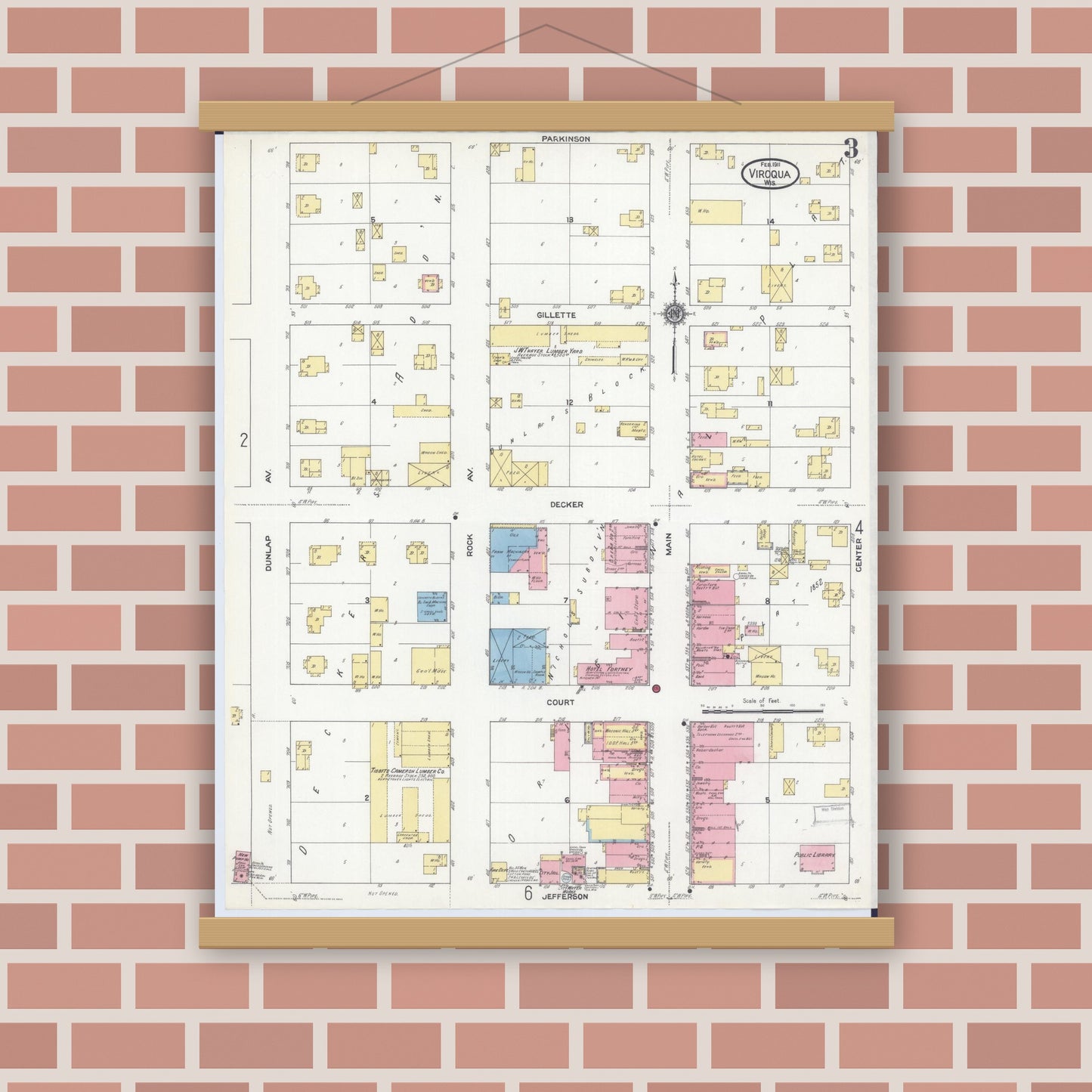 Old map wall art mockup — magnetic wood frame on brick wall — Sanborn Fire Insurance Map from Viroqua, Vernon County, Wisconsin (1911), Sheet #0003