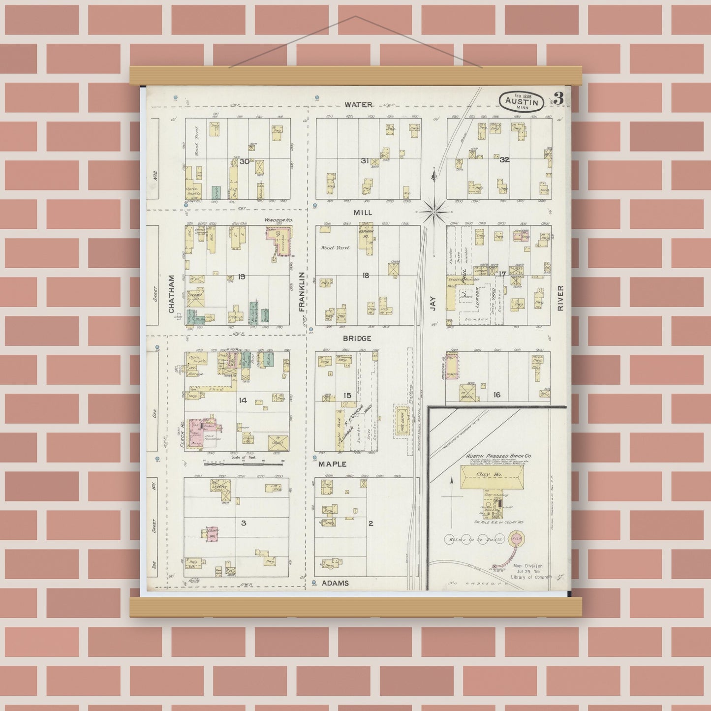 Old map wall art mockup — magnetic wood frame on brick wall — Sanborn Fire Insurance Map from Austin, Mower County, Minnesota (1888), Sheet #0003