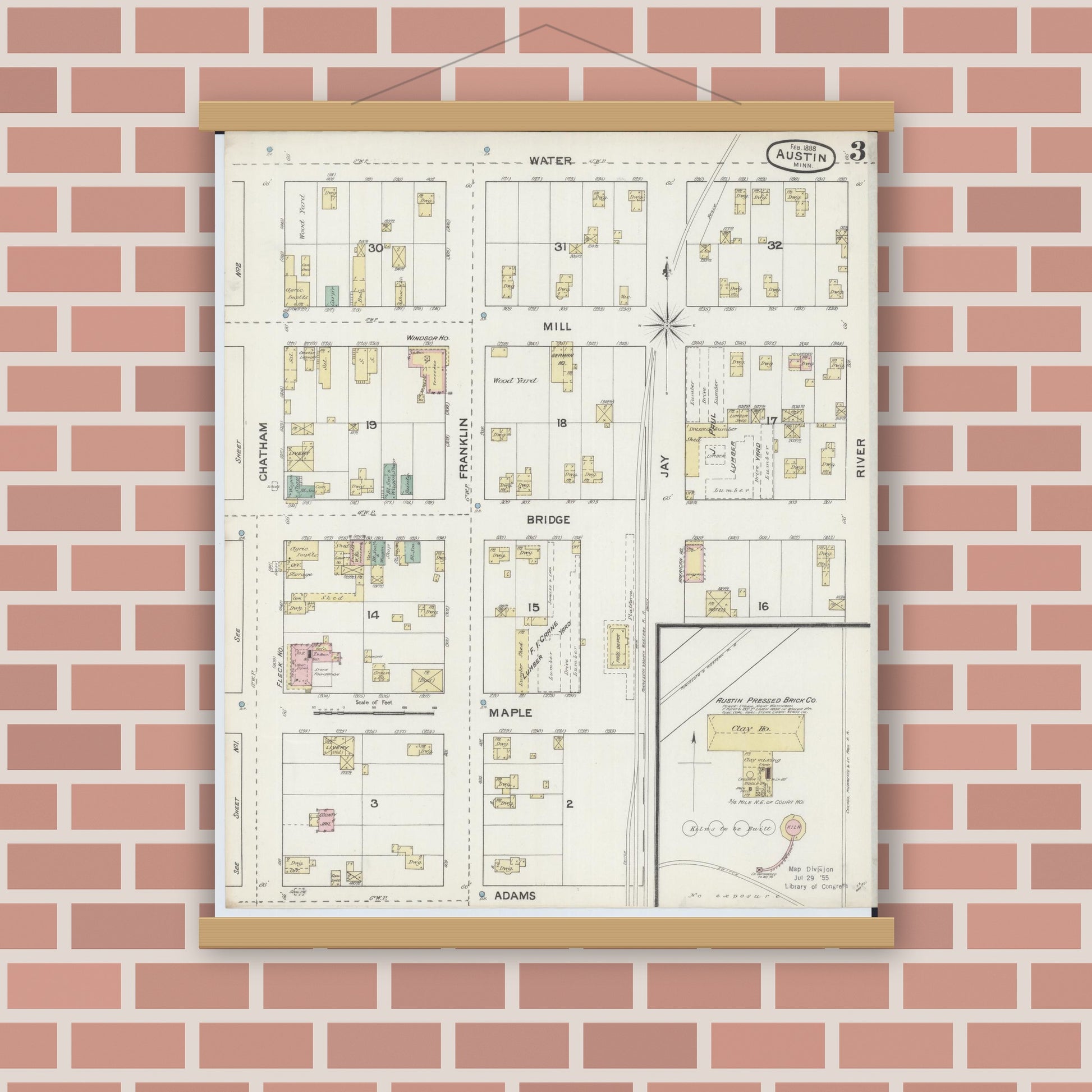 Old map wall art mockup — magnetic wood frame on brick wall — Sanborn Fire Insurance Map from Austin, Mower County, Minnesota (1888), Sheet #0003