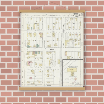 Old map wall art mockup — magnetic wood frame on brick wall — Sanborn Fire Insurance Map from Austin, Mower County, Minnesota (1888), Sheet #0003