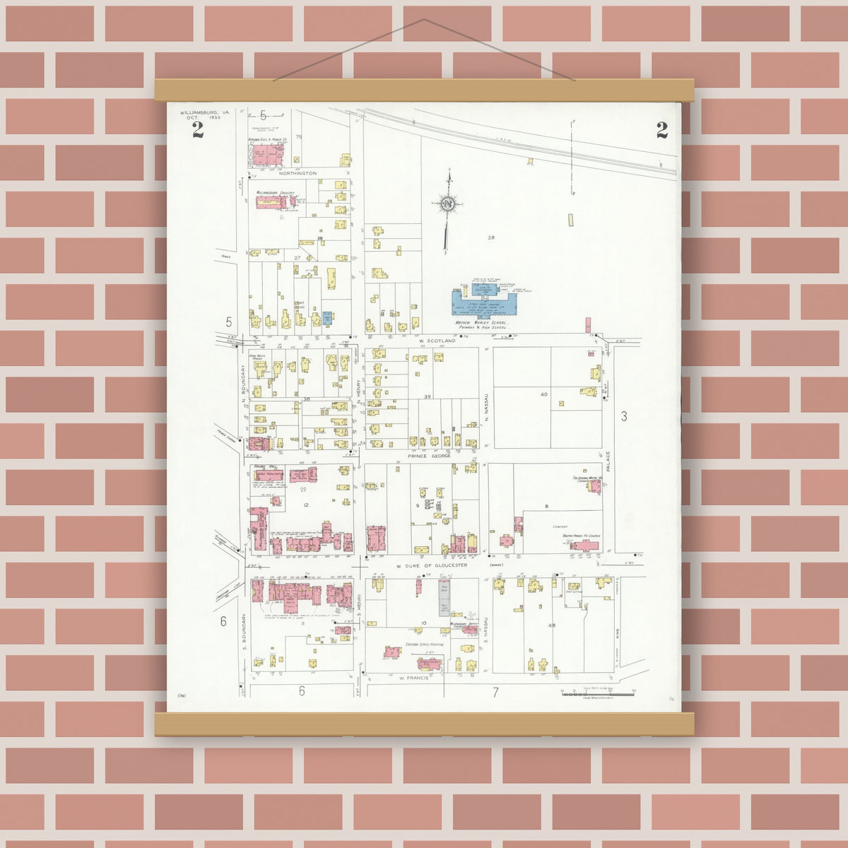Old map wall art mockup — magnetic wood frame on brick wall — Sanborn Fire Insurance Map from Williamsburg, Independent Cities, Virginia (1933), Sheet #0002