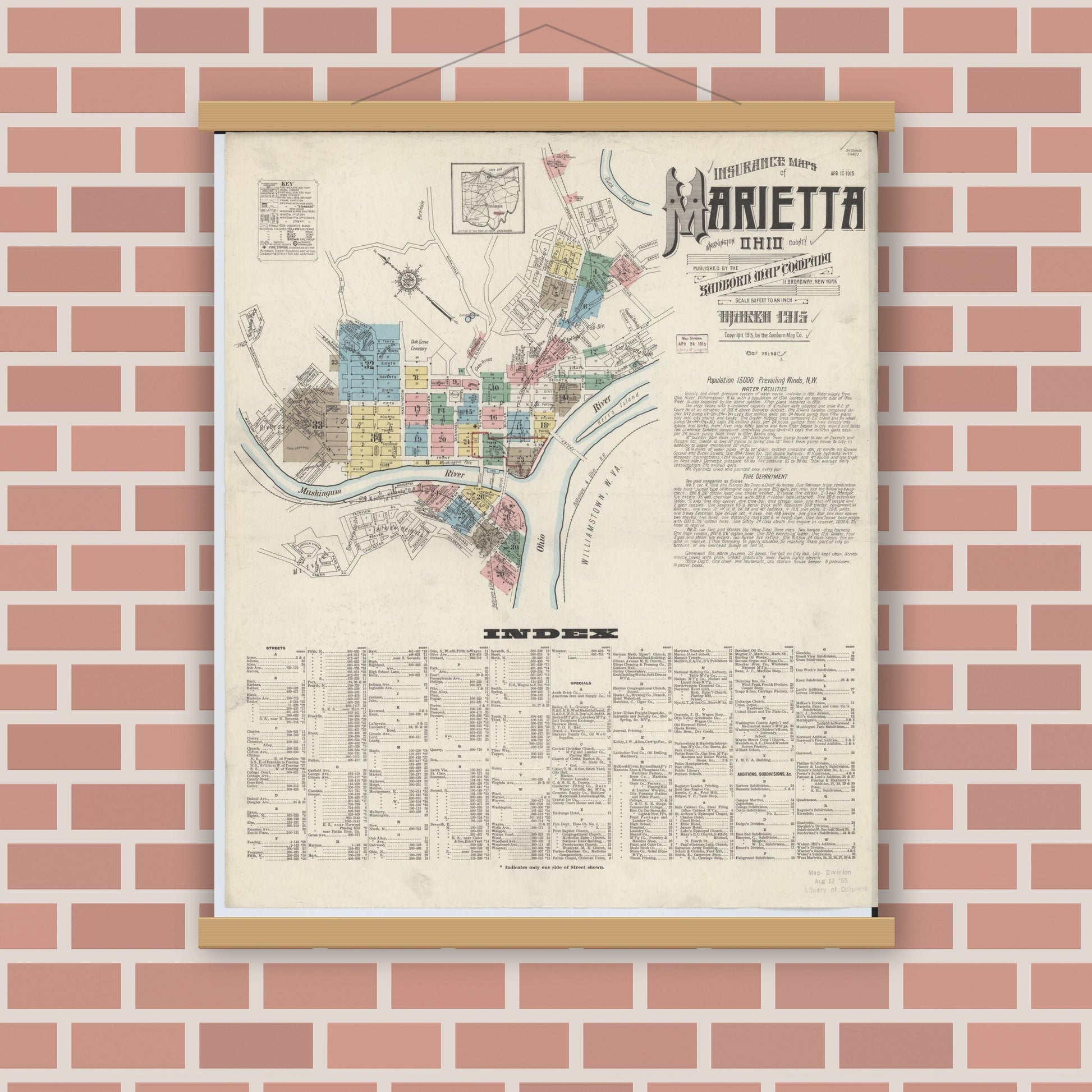 Old map wall art mockup — magnetic wood frame on brick wall — Sanborn Fire Insurance Map from Marietta, Washington County, Ohio (1915) - Complete Map Set
