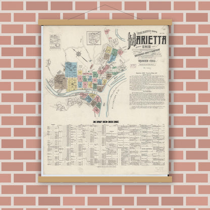 Old map wall art mockup — magnetic wood frame on brick wall — Sanborn Fire Insurance Map from Marietta, Washington County, Ohio (1915) - Complete Map Set