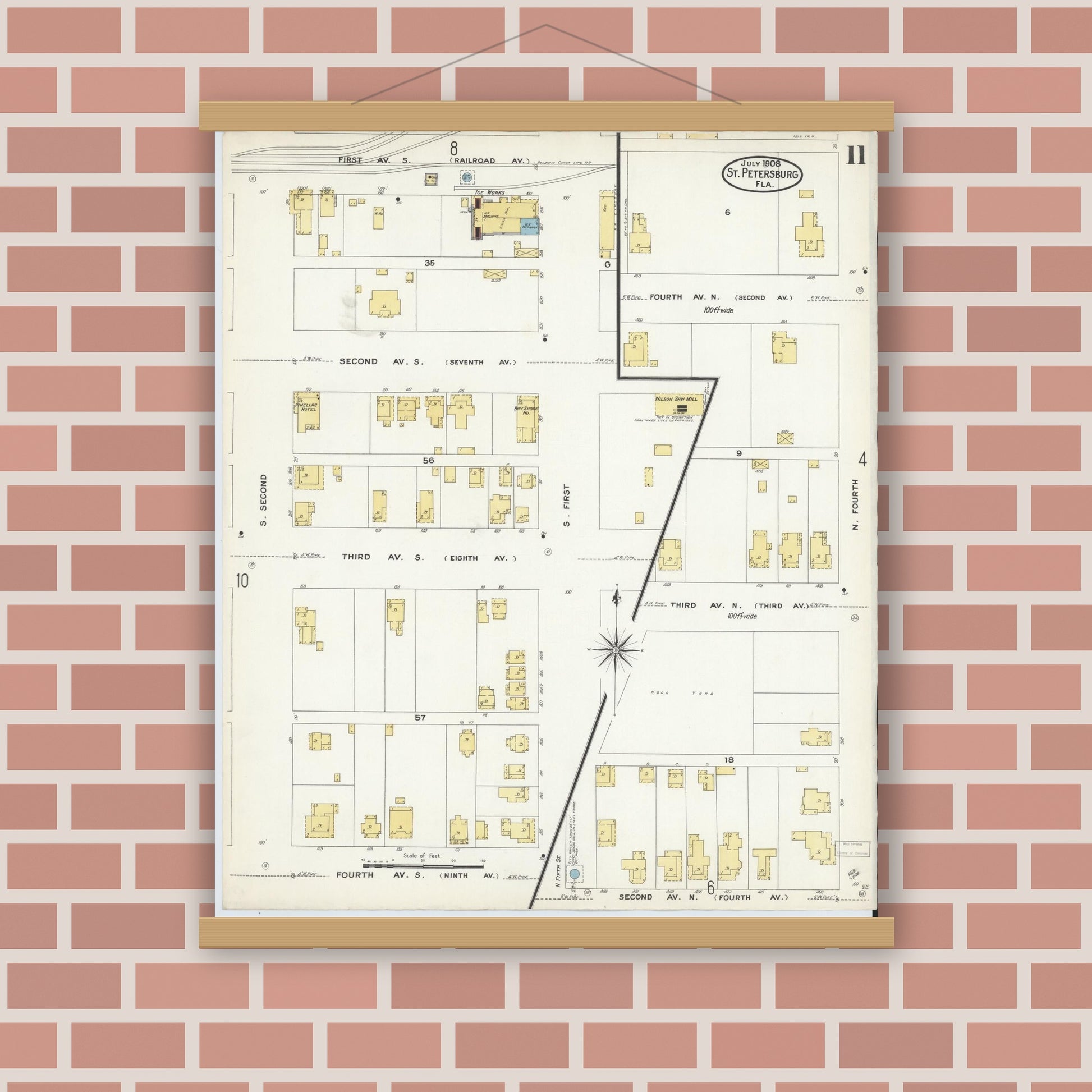 Old map wall art mockup — magnetic wood frame on brick wall — Sanborn Fire Insurance Map from Saint Petersburg, Pinellas County, Florida (1908), Sheet #0011