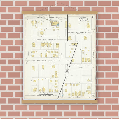 Old map wall art mockup — magnetic wood frame on brick wall — Sanborn Fire Insurance Map from Saint Petersburg, Pinellas County, Florida (1908), Sheet #0011