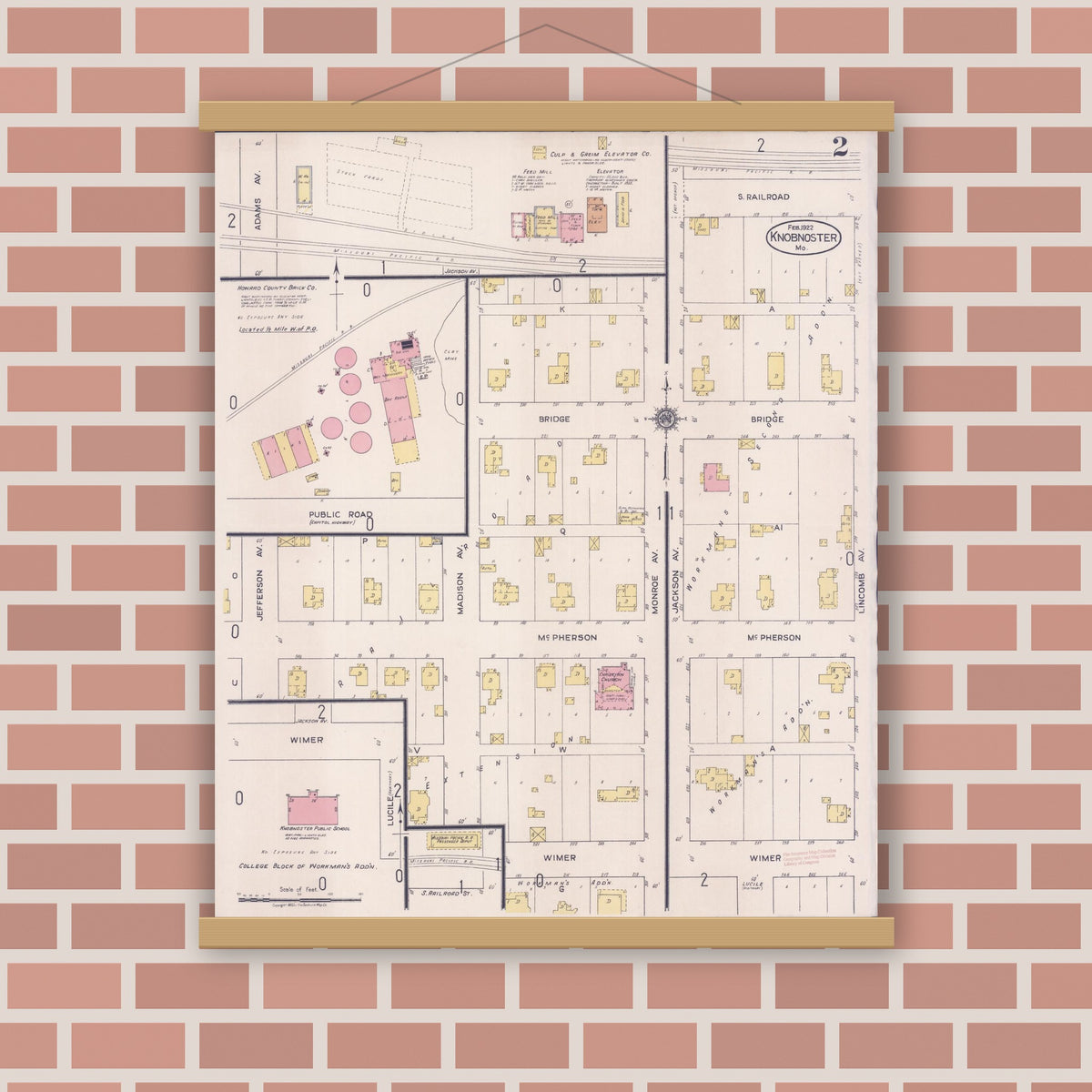 Old map wall art mockup — magnetic wood frame on brick wall — Sanborn Fire Insurance Map from Knobnoster, Johnson County, Missouri (1922), Sheet #0002