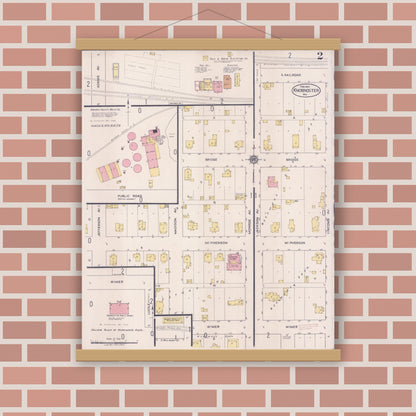 Old map wall art mockup — magnetic wood frame on brick wall — Sanborn Fire Insurance Map from Knobnoster, Johnson County, Missouri (1922), Sheet #0002
