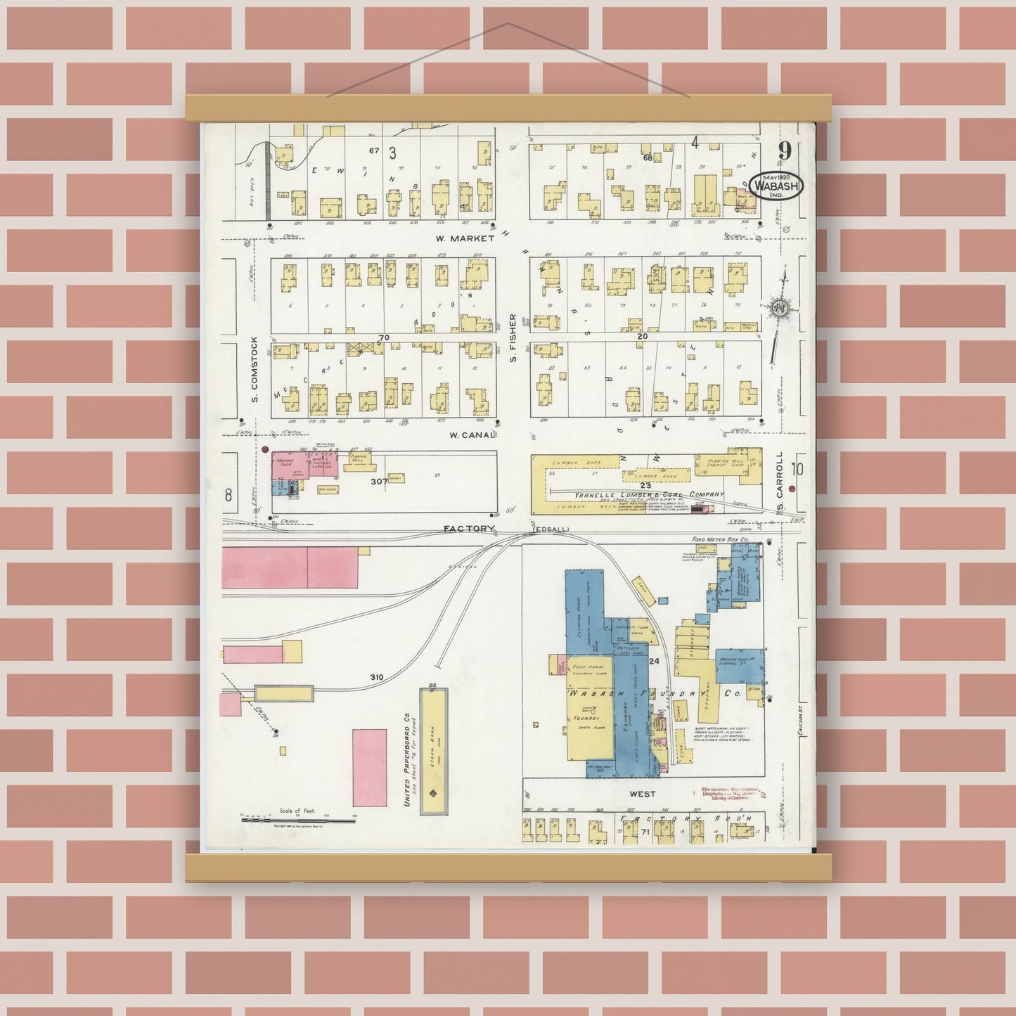 Old map wall art mockup — magnetic wood frame on brick wall — Sanborn Fire Insurance Map from Wabash, Wabash County, Indiana (1920), Sheet #0009